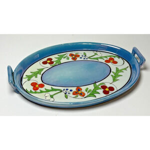 Vintage Handled Blue Florals Small Oval Lusterware Vanity Tray Trinket Dish